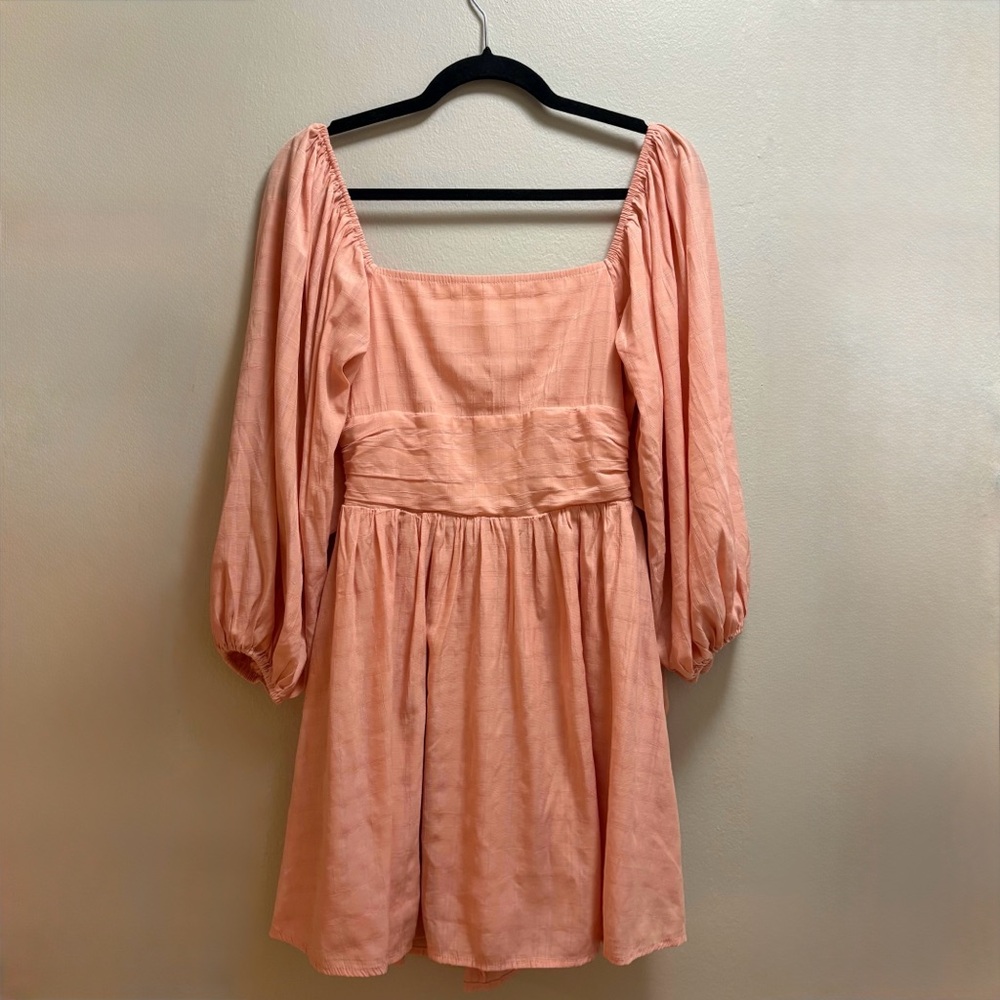 Peach Square Neck Puff Sleeve Mini Dress Back Tie | Size S Baby Doll - Picture 5 of 11